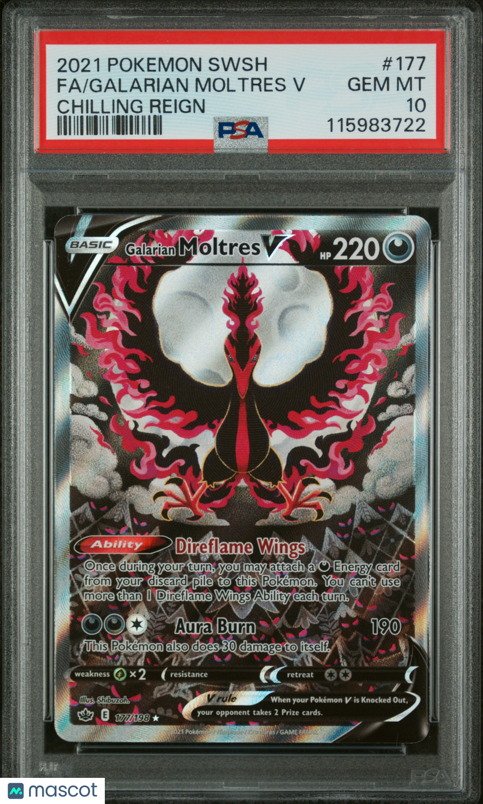 2021 Pokemon Sword & Shield Chilling Reign Galarian Moltres V #177 PSA 10