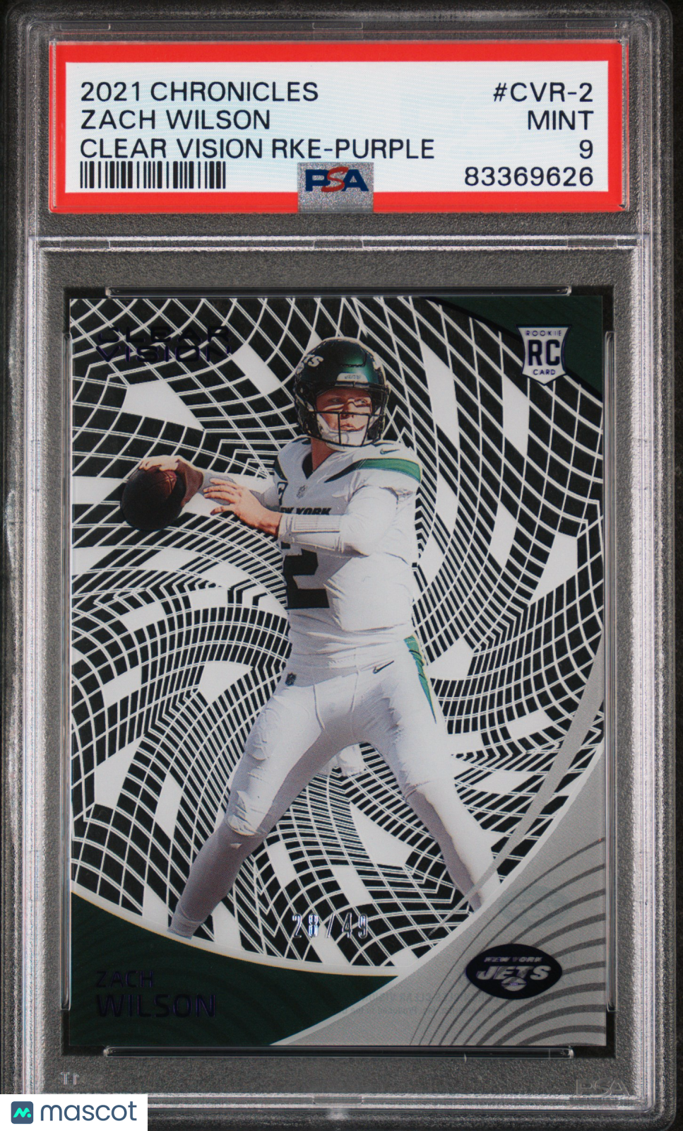 2021 Panini Chronicles Clear Vision Rookies Zach Wilson RKE Purple #CVR-2 PSA 9