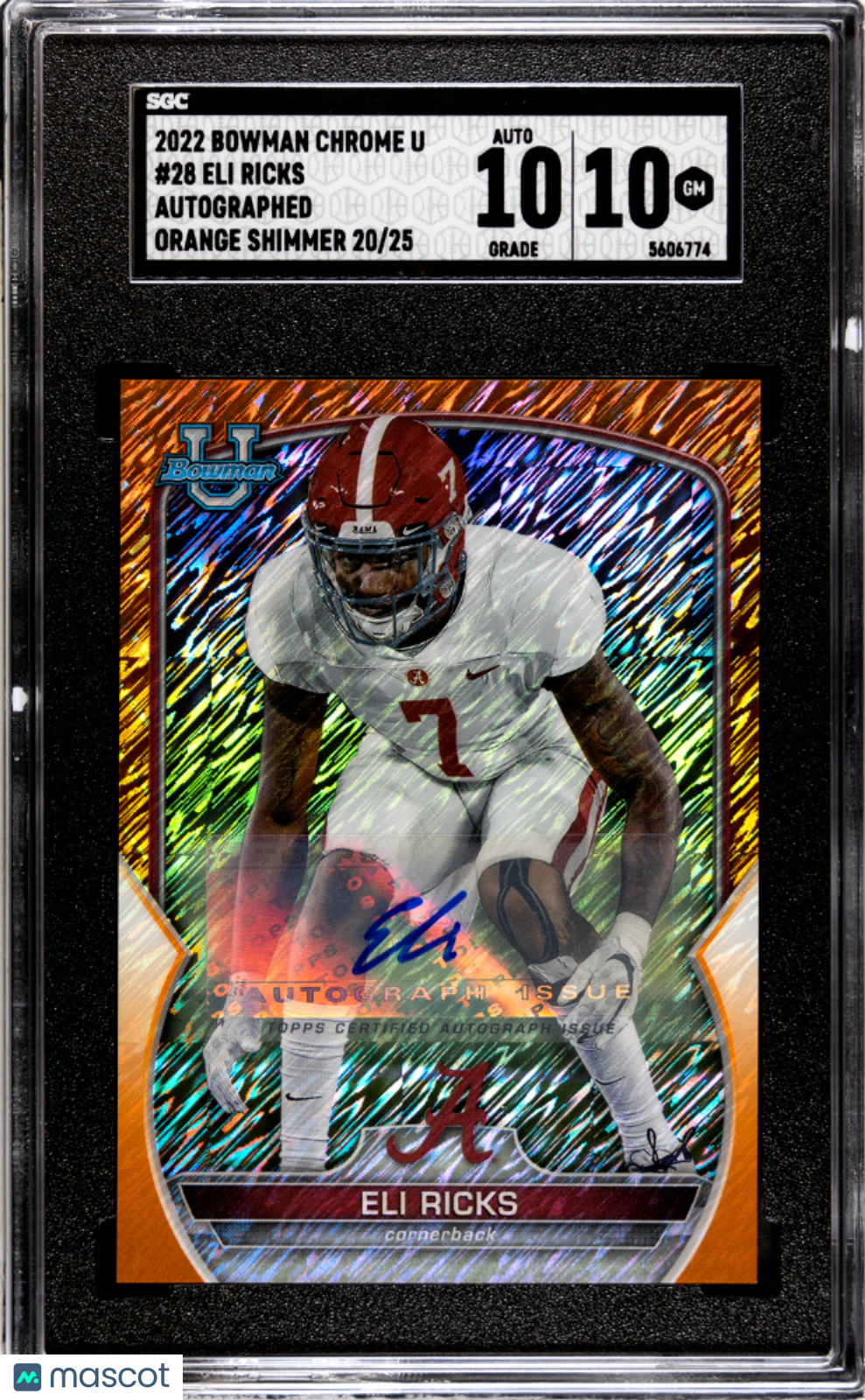 2022 Bowman University Chrome Eli Ricks Auto Orange Shimmer Refractor /25 SGC 10