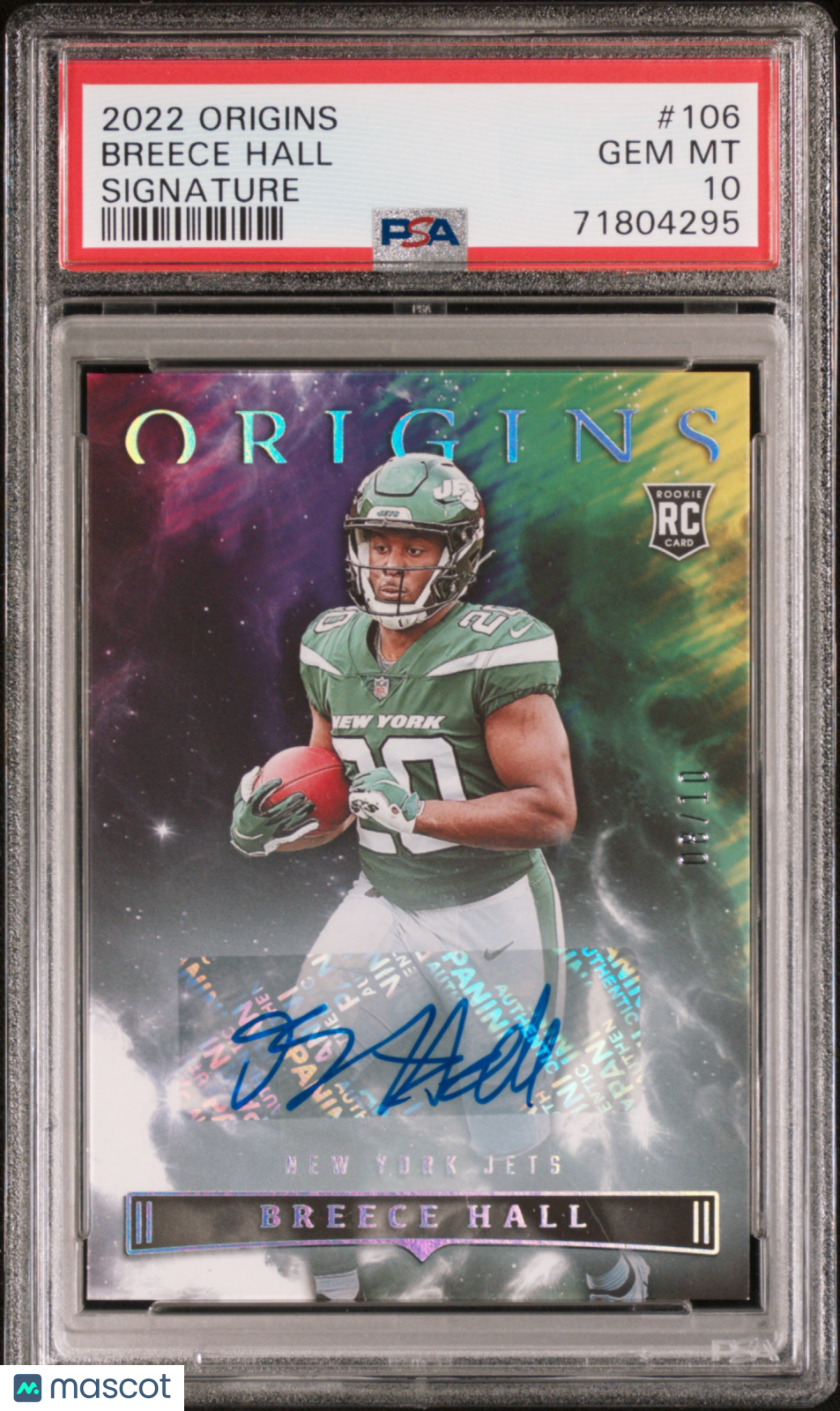 2022 Panini Origins Breece Hall Signature 08/10 Rookie #106 PSA 10 GEM MINT Jets