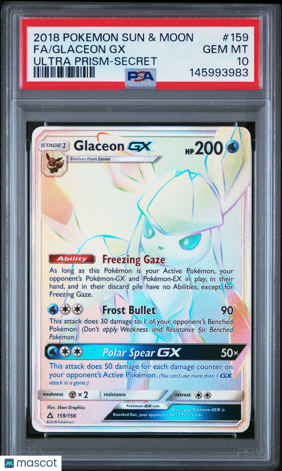 2018 Pokemon Sun & Moon Ultra Prism Glaceon GX #159 Ultra Prism-Secret Fa PSA 10
