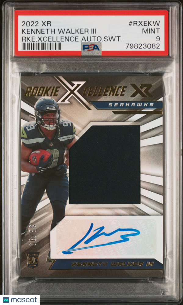 2022 Panini XR Rookie Xcellence Autograph Swatches Kenneth Walker III /99 PSA 9