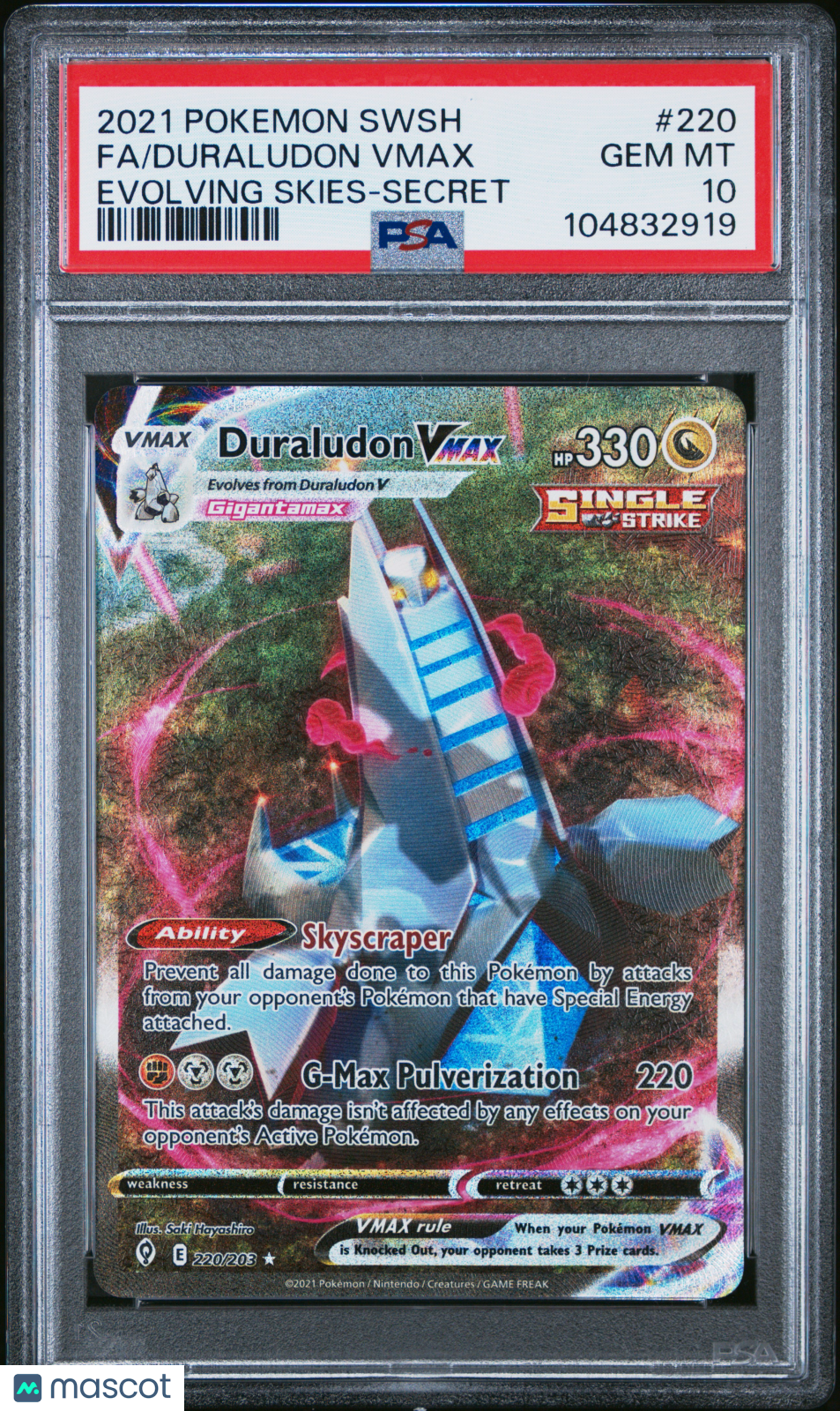 2021 Pokemon Sword & Shield Evolving Skies Duraludon VMAX #220 Secret FA PSA 10
