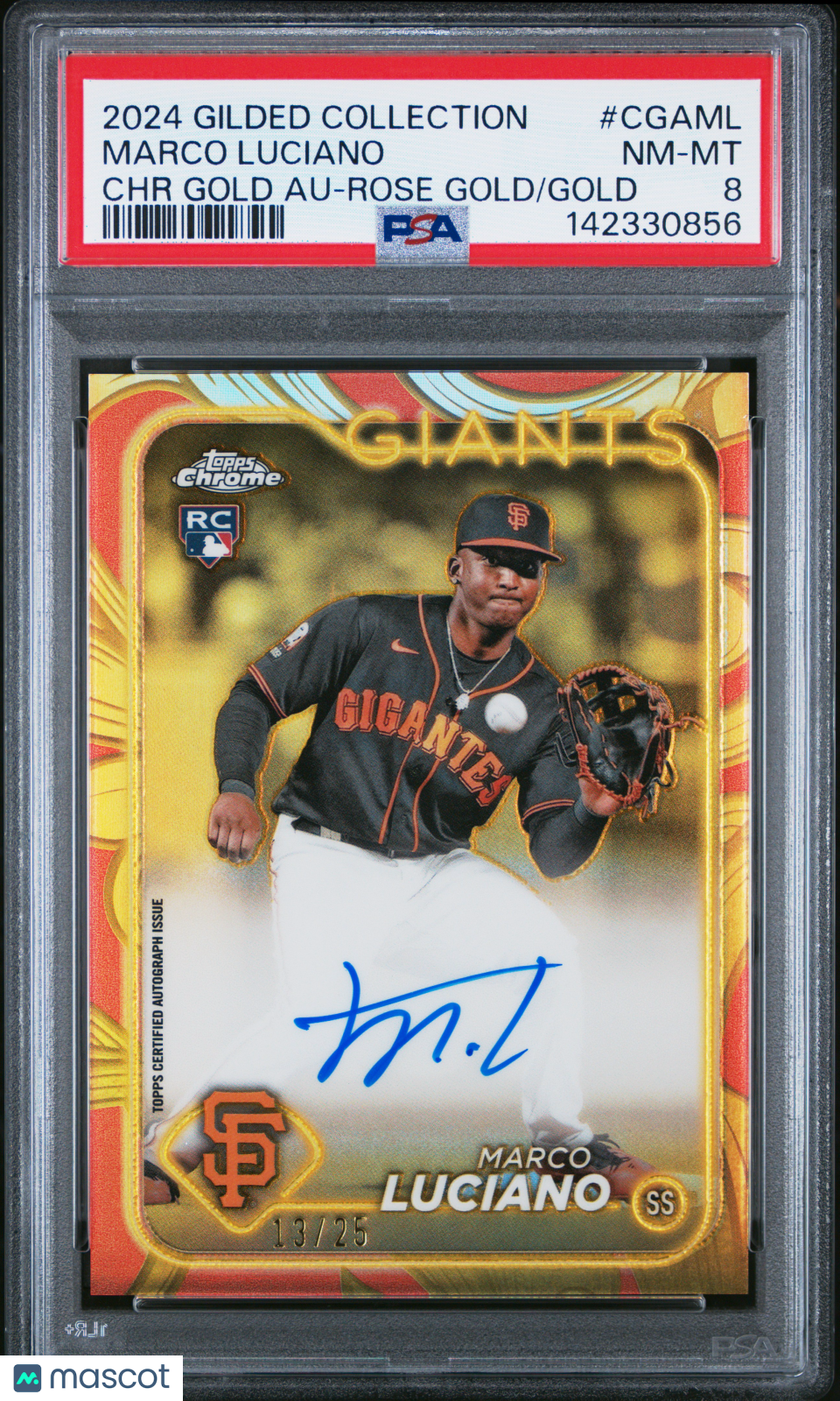 2024 Gilded Collection Chrome Gold Autographs Marco Luciano Rose 13/25 PSA 8
