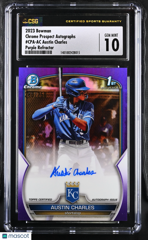 2023 Bowman Austin Charles Purple Refractor Chrome Prospect Autographs CGC 10