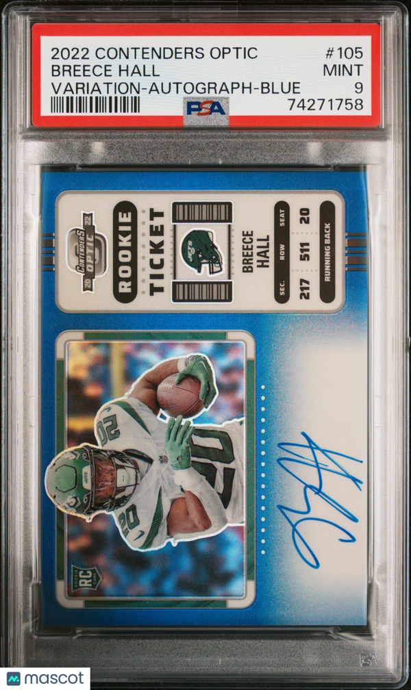 2022 Panini Contenders Optic Breece Hall Variation Autograph Blue #105 PSA 9