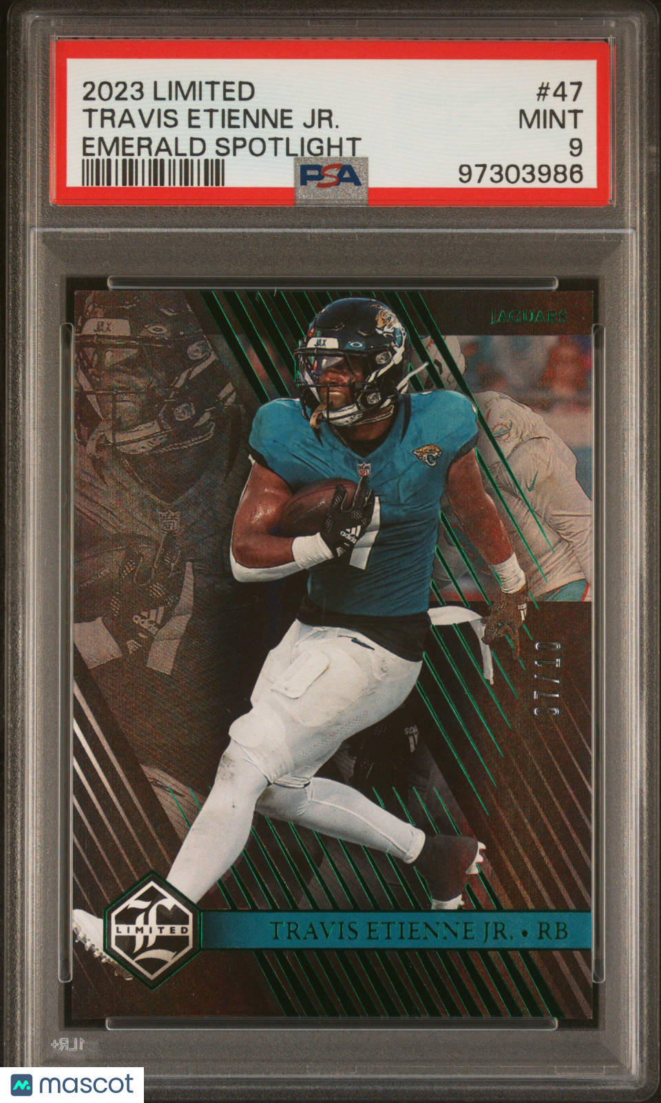 2023 Panini Limited Travis Etienne Emerald Spotlight Rookie /10 PSA 9 Jaguars