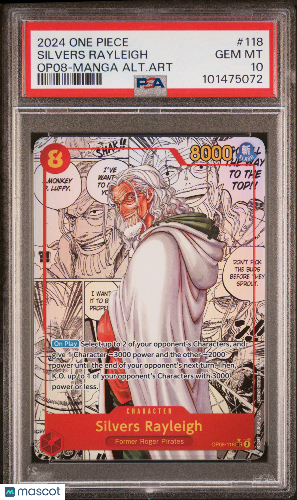 2024 One Piece Op08-Two Legends Silvers Rayleigh #118 Manga Alternate Art PSA 10
