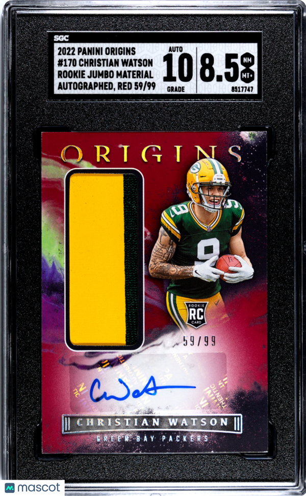 2022 Origins Christian Watson Rookie Jumbo Material Autograph Red  SGC 8.5