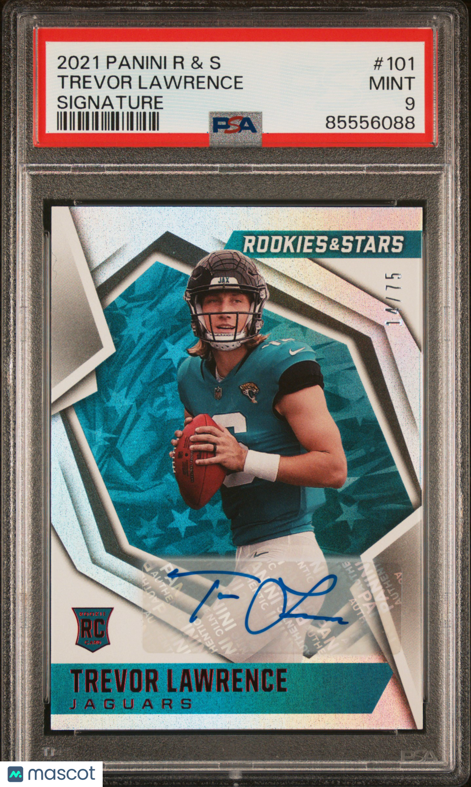 2021 Panini Rookies & Stars Trevor Lawrence Rookie Red 14/75 #101 PSA 9 Auto