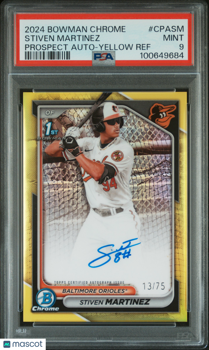 2024 Bowman Chrome Prospect Autographs Stiven Martinez Yellow Refractor PSA 9 RC