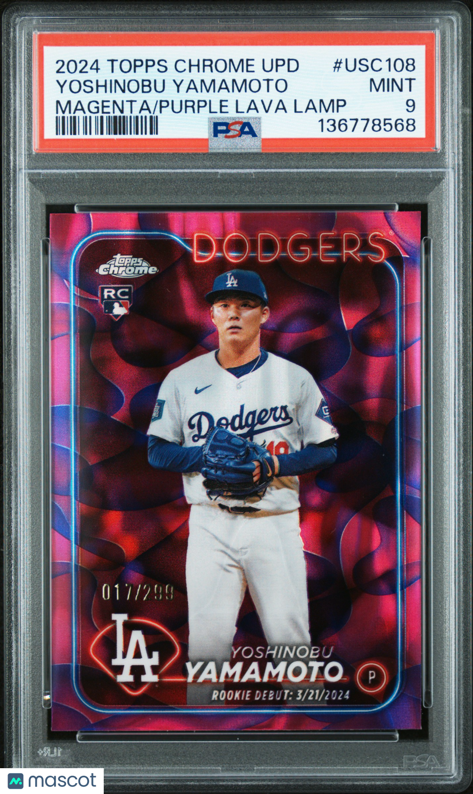2024 Topps Chrome Update Yoshinobu Yamamoto Magenta Purple Lava/299 Rookie PSA 9
