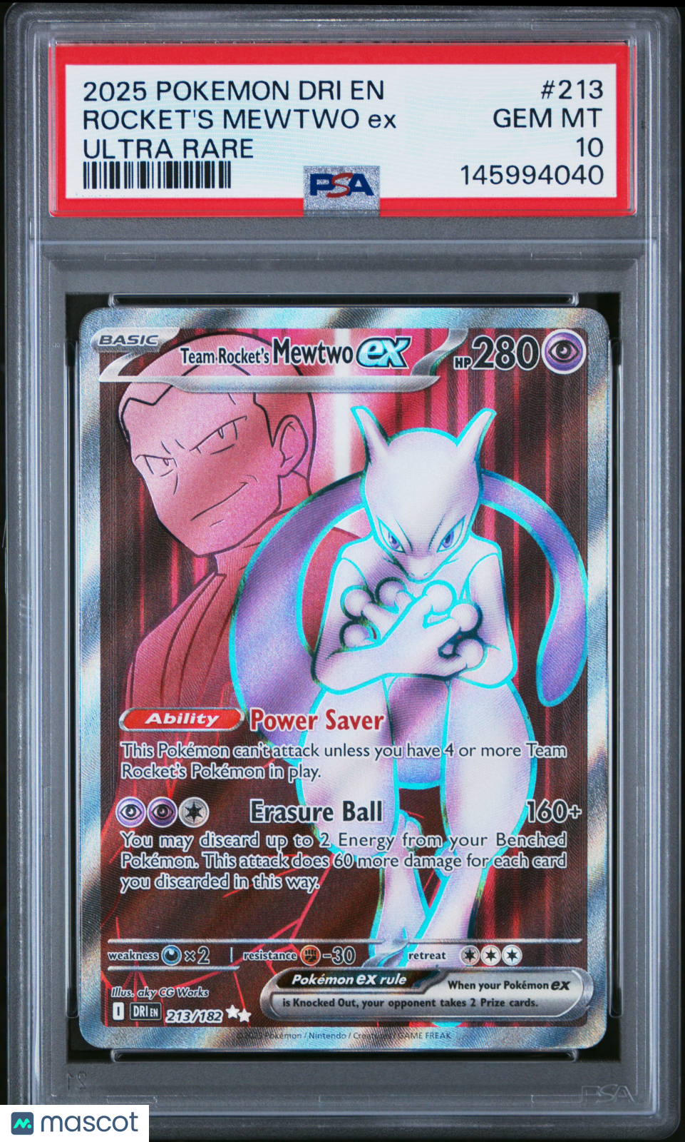 2025 Pokemon Destined Rivals Rocket's Mewtwo EX #213 Ultra Rare PSA 10 GEM MINT