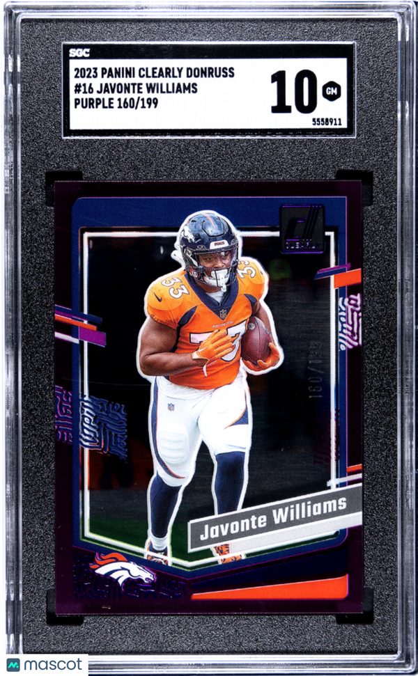 2023 Panini Clearly Donruss Javonte Williams Purple #16 SGC 10 Denver Broncos