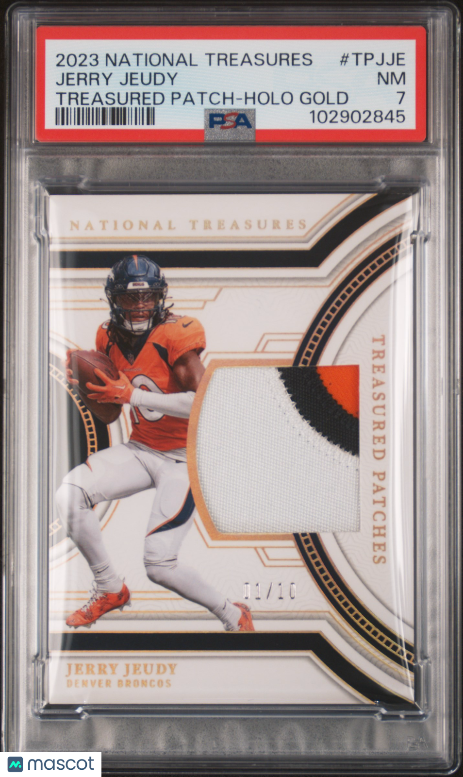 2023 National Treasures Treasured Patches Jerry Jeudy Holo Gold 01/10 PSA 7