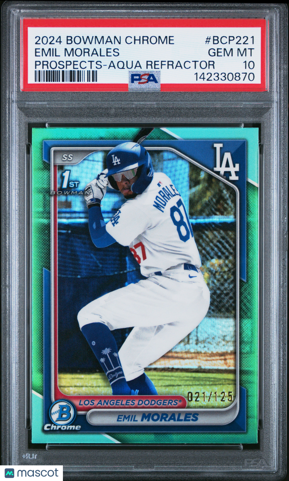 2024 Bowman Chrome Prospects Emil Morales Aqua Refractor 021/125 PSA 10 GEM MINT