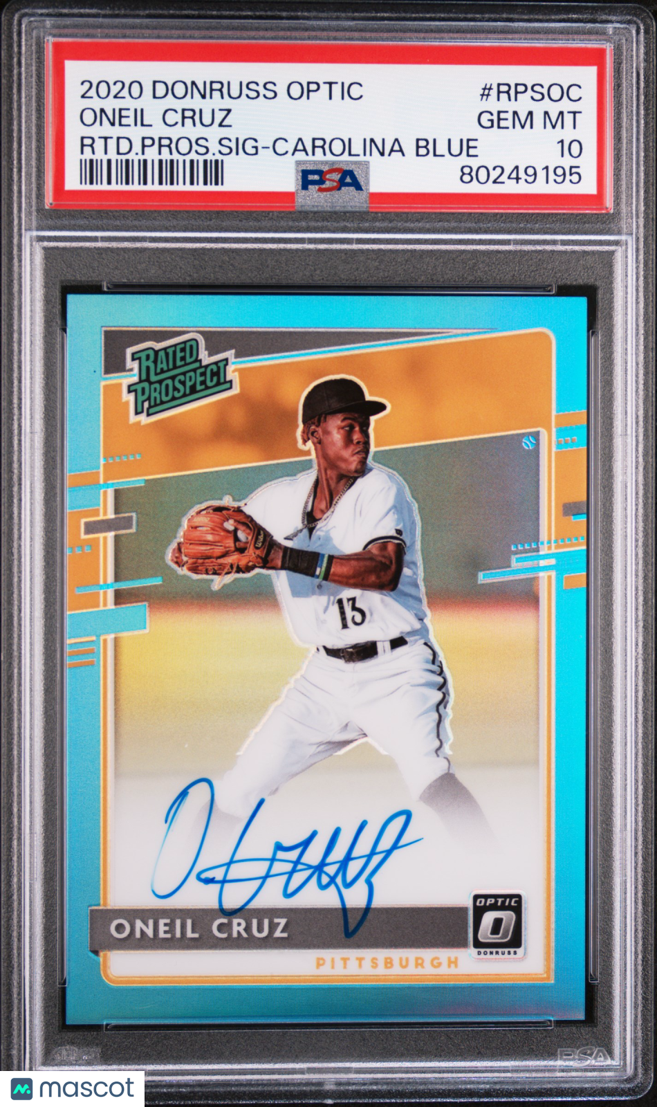 2020 Donruss Optic Rated Prospects Oneil Cruz/35 Signature Carolina Blue PSA 10