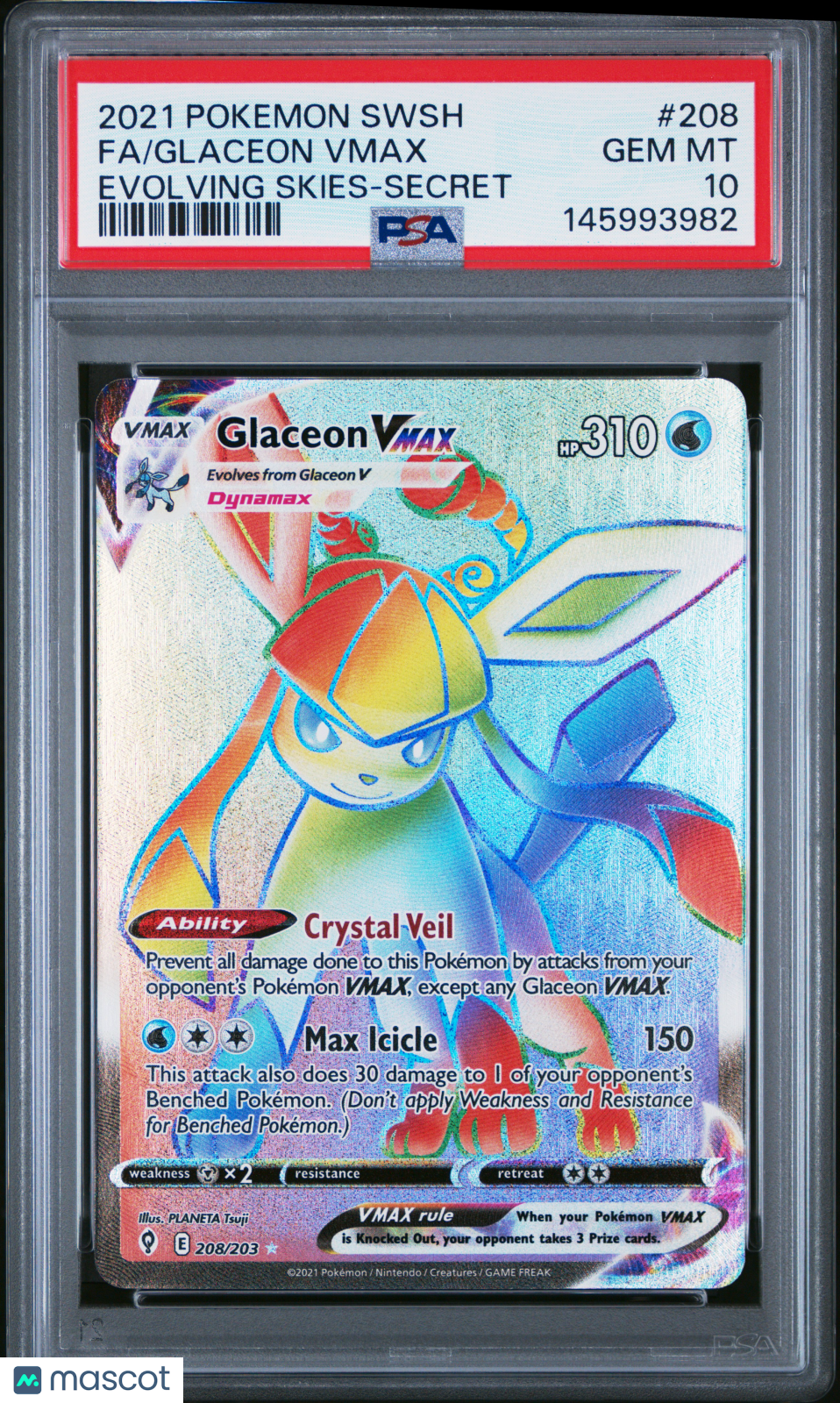 2021 Pokemon Sword & Shield Evolving Skies Glaceon VMAX #208 Secret FA PSA 10
