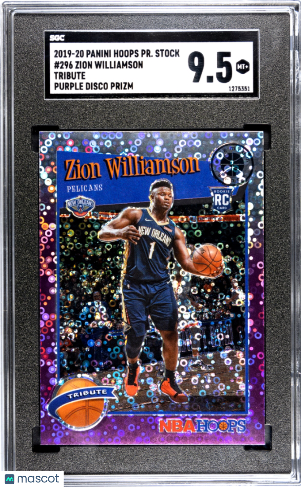 2019 Hoops Premium Stock Zion Williamson Tribute Purple Disco Prizm #296 SGC 9.5