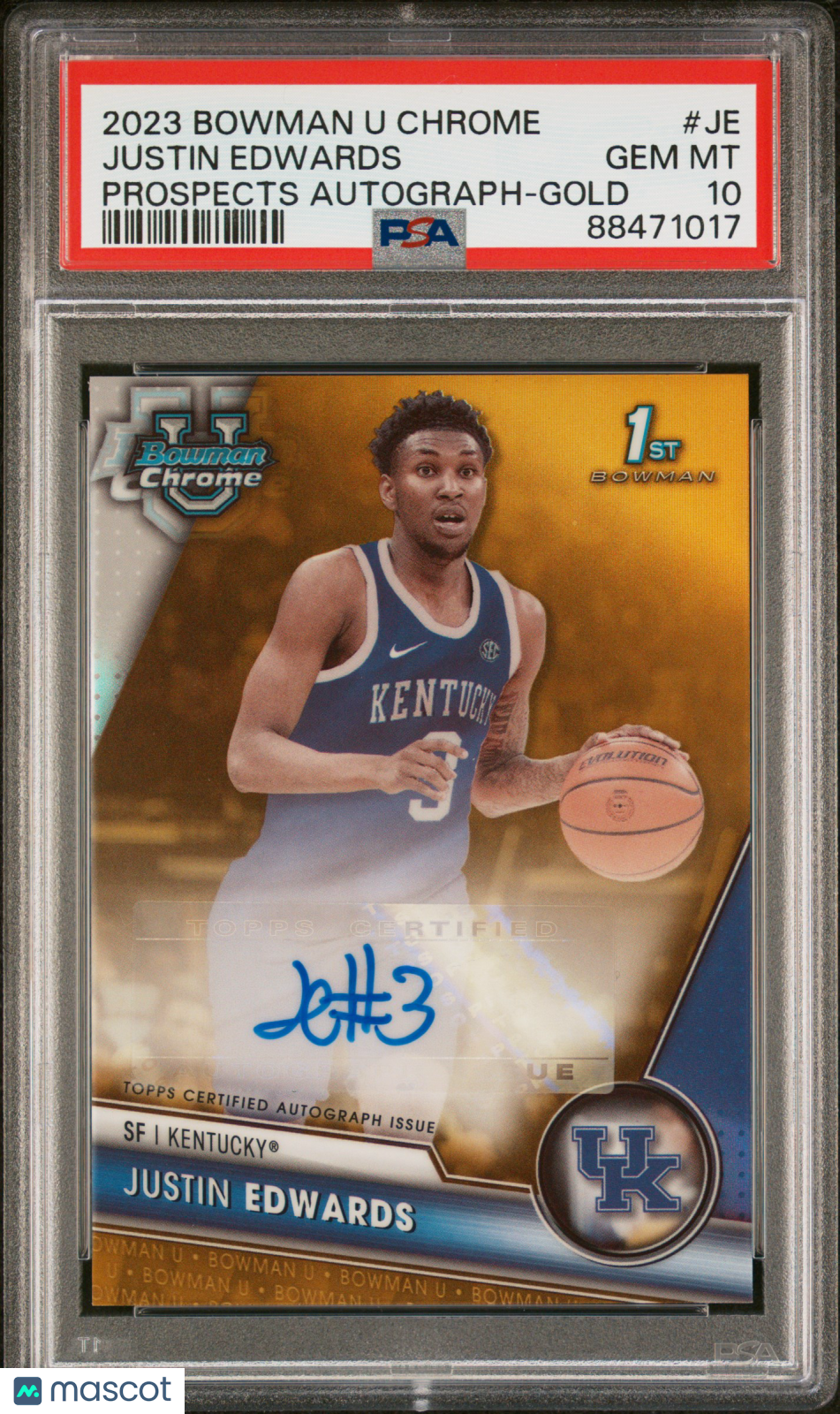 2023 Bowman University Chrome Prospects Autographs Justin Edwards/50 Gold PSA 10