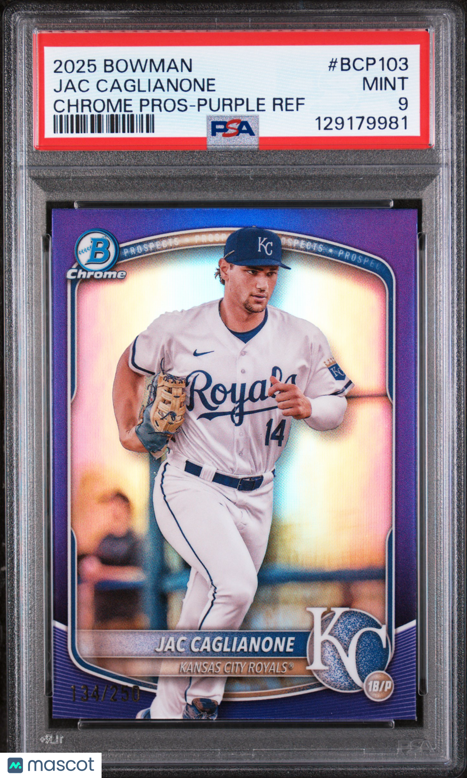2025 Bowman Chrome Prospects Jac Caglianone Purple Ref 134/250 #BCP103 PSA 9