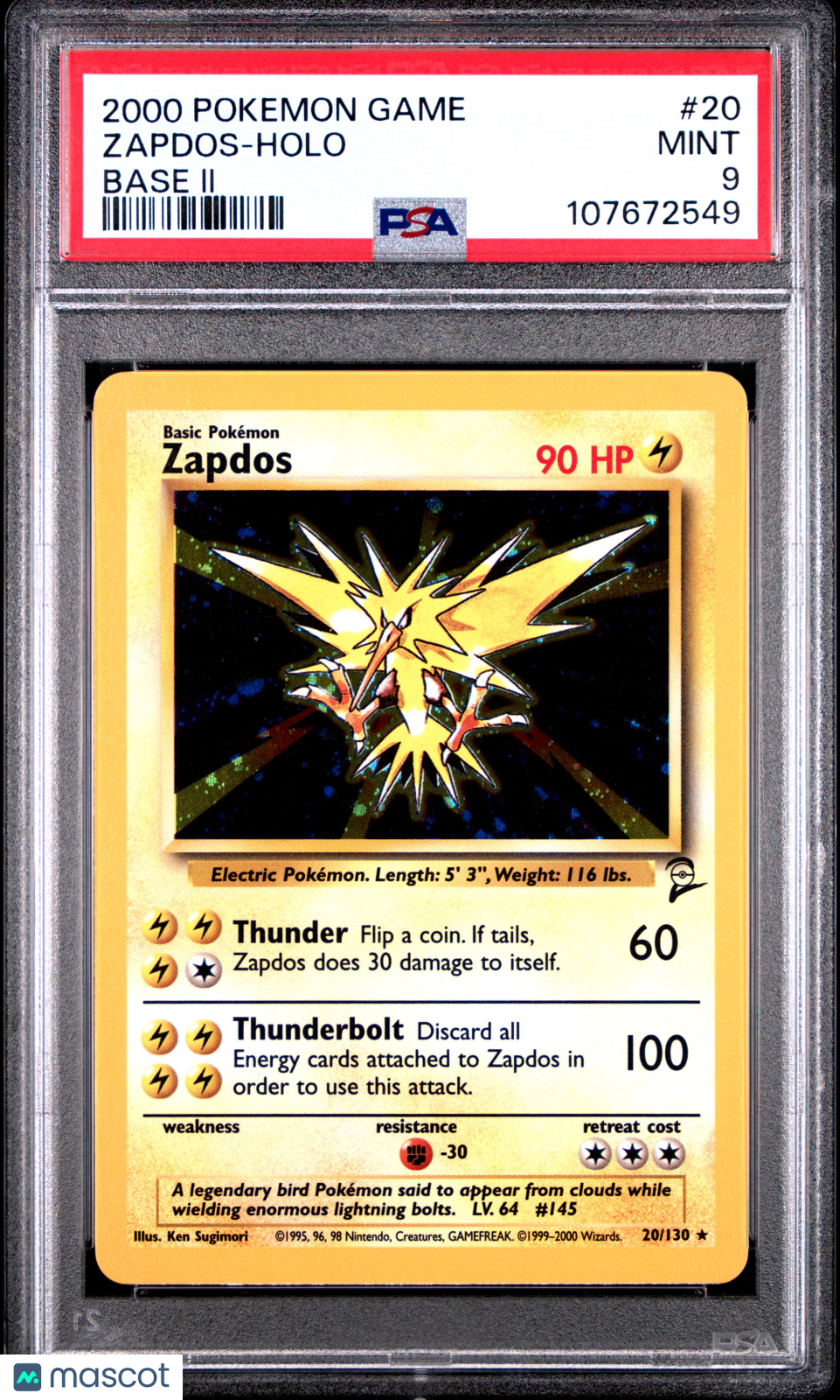 2000 Pokemon Game Zapdos #20 Base II PSA 9 MINT