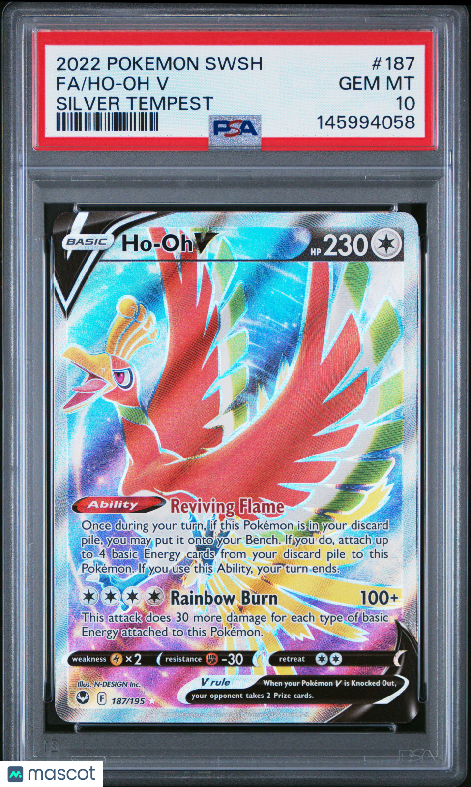 2022 Pokemon Sword & Shield Silver Tempest Ho-Oh V #187 Silver Tempest Fa PSA 10