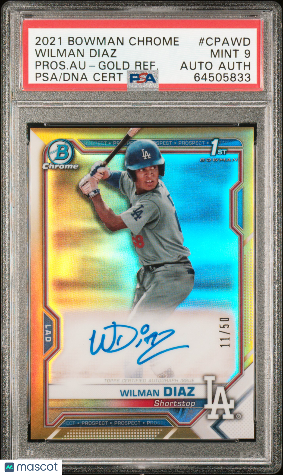 2021 Bowman Chrome Prospect Autographs Wilman Diaz Gold Refractor 11/50 PSA 9