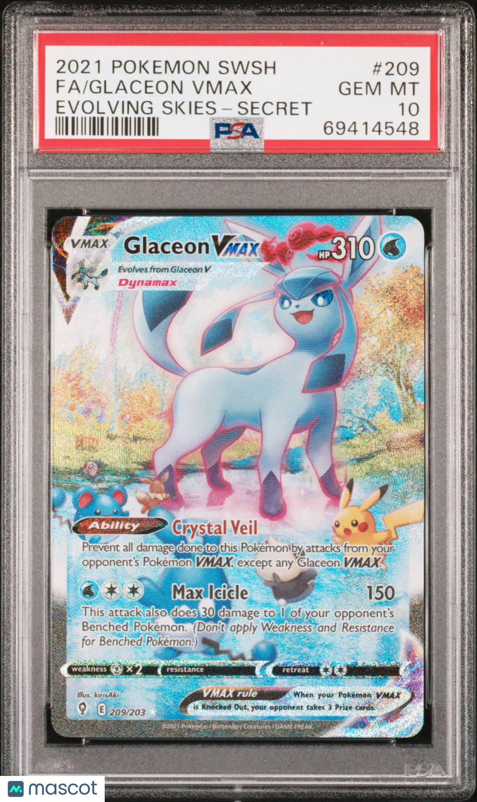 2021 Pokemon Sword & Shield Evolving Skies Glaceon VMAX #209 PSA 10