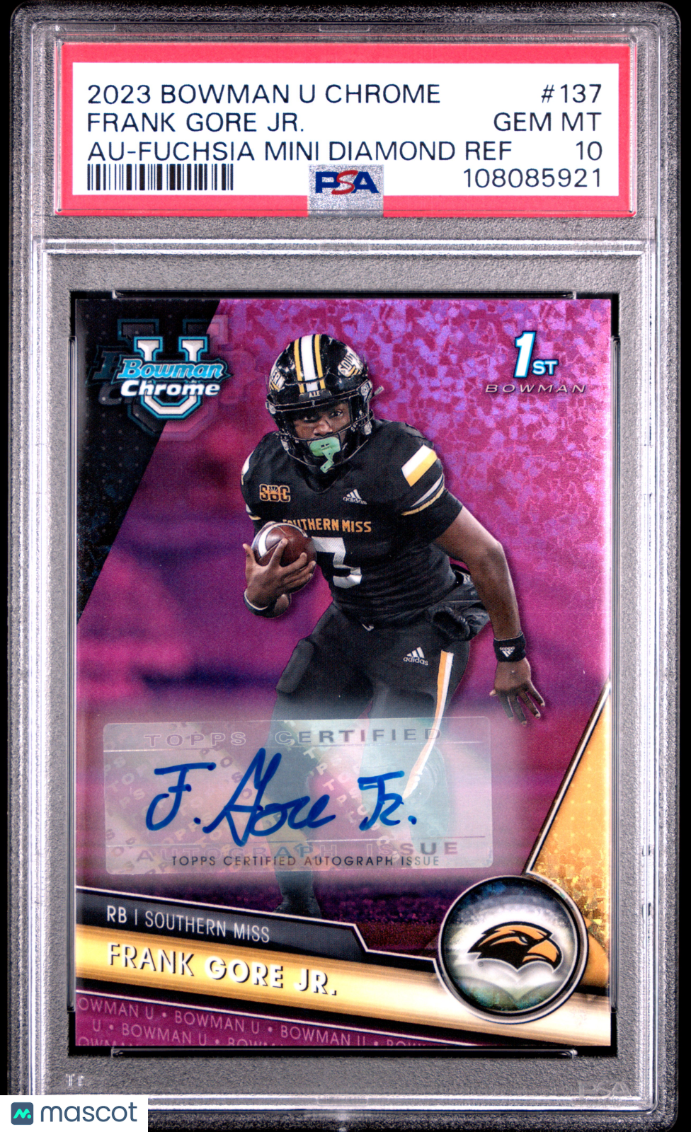 2023 Bowman University Chrome Frank Gore Jr Auto Fuchsia Mini Diamond PSA 10