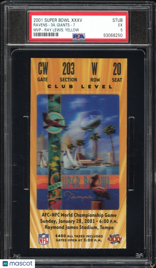 2001 Super Bowl XXXV Ray Lewis: Yellow MVP PSA 5 Ticket Stub