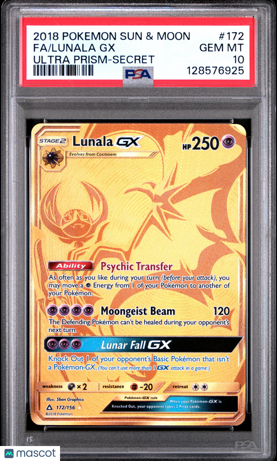 2018 Pokemon Sun & Moon Ultra Prism Lunala GX #172 Secret FA PSA 10 GEM MINT