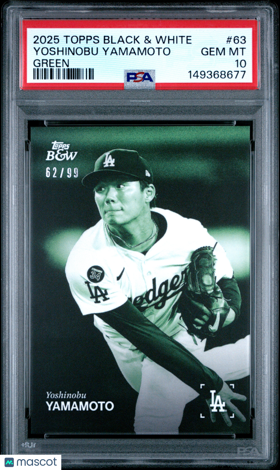 2025 Topps Black And White Yoshinobu Yamamoto Green 62/99 #63 PSA 10