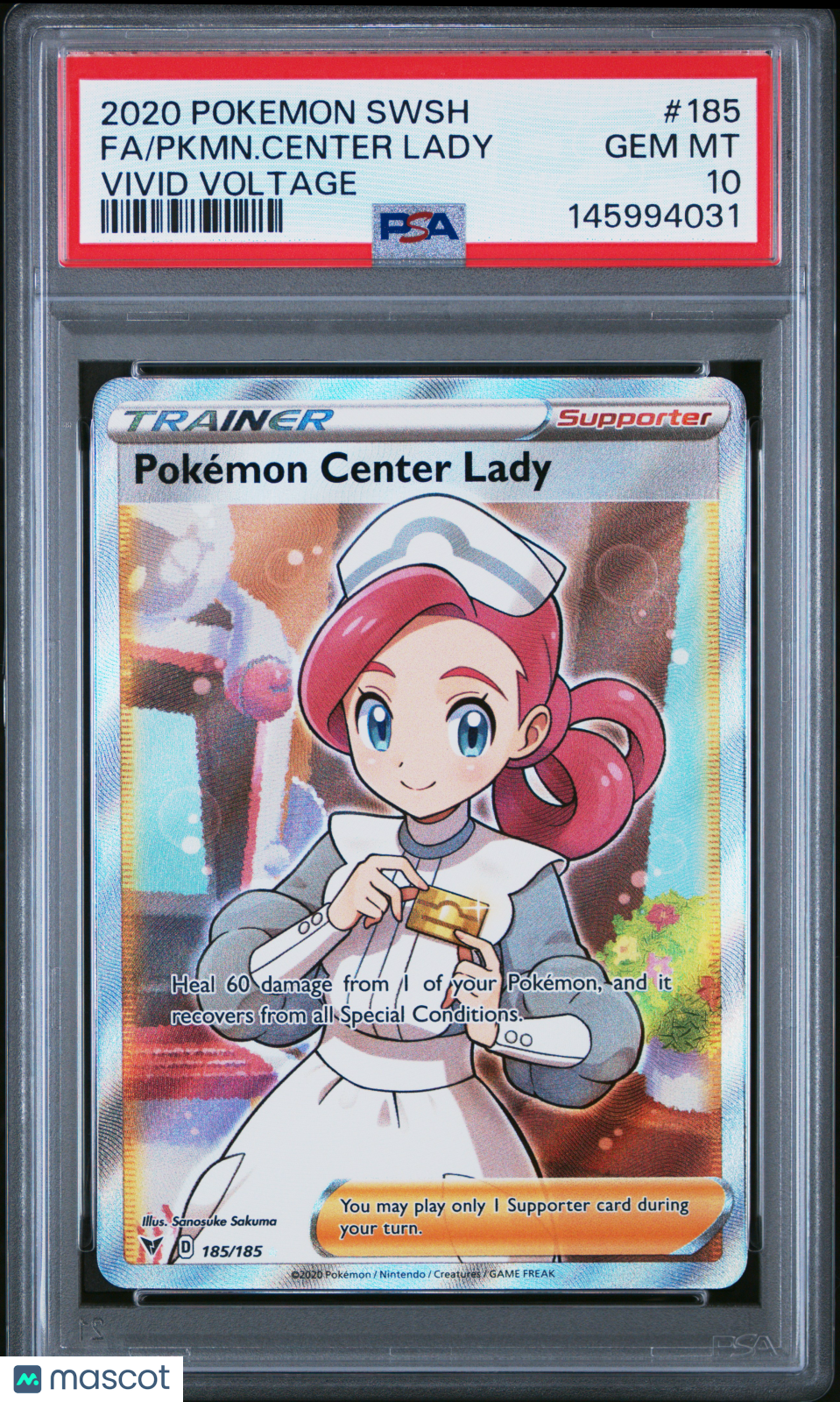 2020 Pokemon Sword & Shield Vivid Voltage Pokemon Center Lady #185 FA PSA 10 GEM
