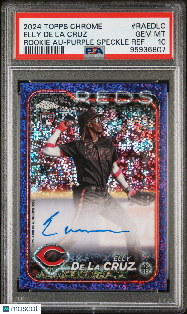 2024 Topps Chrome Rookie Auto Elly De La Cruz Rookie Purple Speckle PSA 10 /299