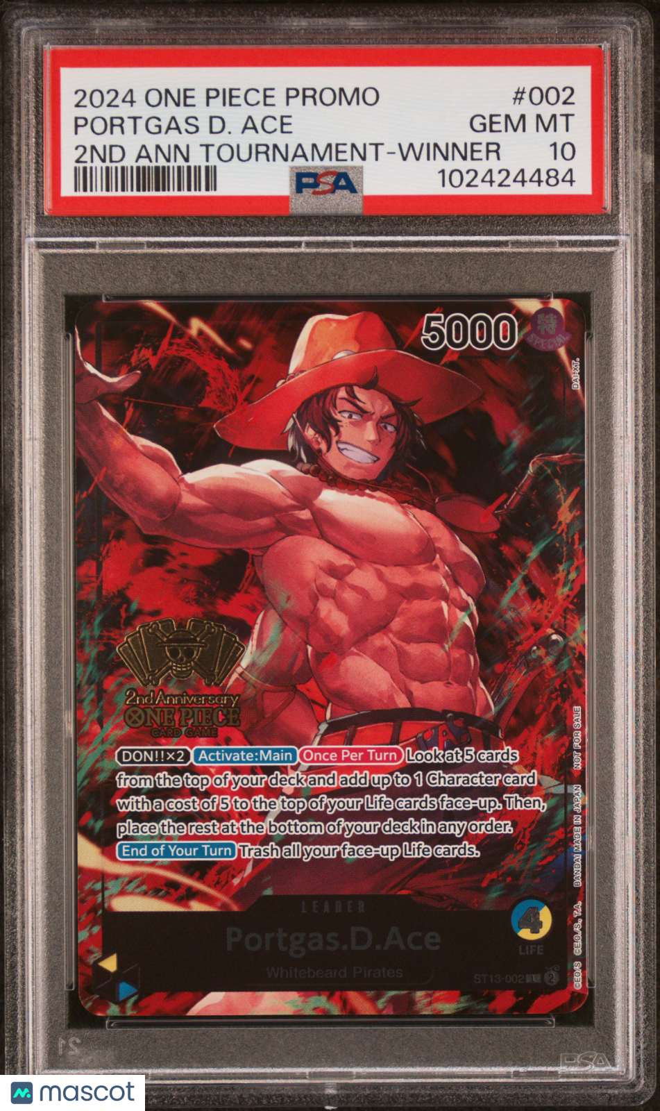 2024 One Piece Promos Portgas D. Ace #002 2ND Ann Tournament-Winner PSA 10