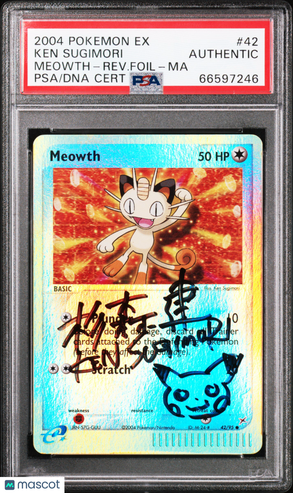 Autographed by Ken Sugimori 2004 Pokemon EX Meowth Reverse Foil PSA / DNA