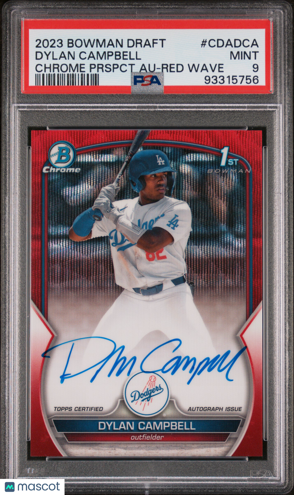 2023 Bowman Chrome Prospect Autograph Dylan Campbell Prspct Red Wave /5 PSA 9