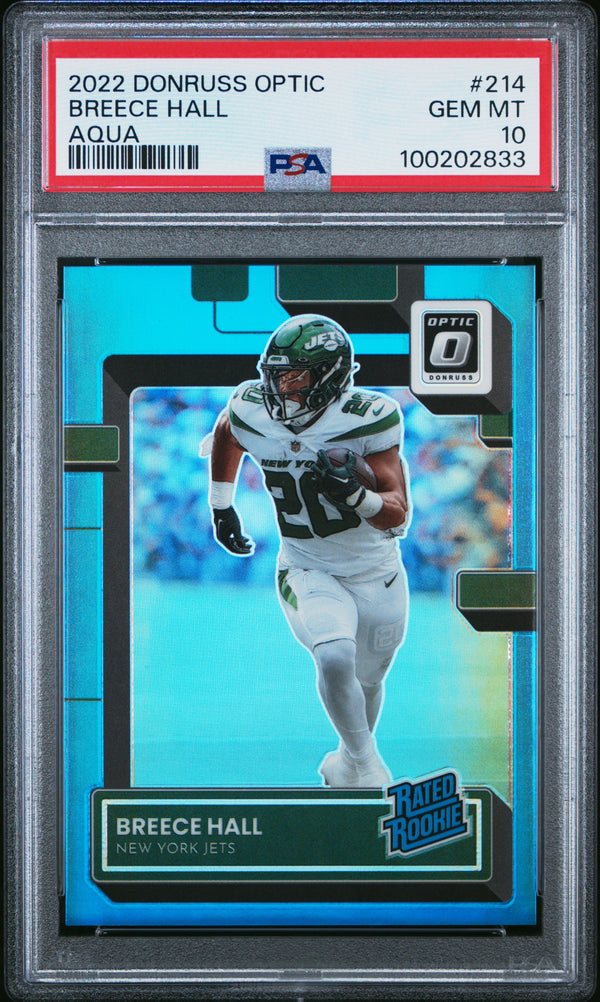 2022 Panini Donruss Optic Breece Hall Aqua #214 PSA 10 New York Jets