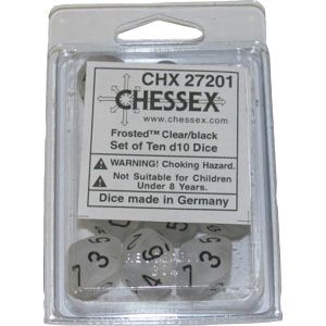 Frosted Clear/Black d10 Dice (10 dice) CHX27201 - Dice Sets & Games