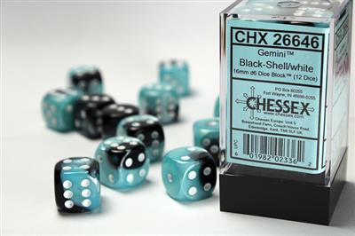 Gemini 16mm d6 Black-Shell/white Dice Block (12 dice) CHX26646 - Dice Sets & Games