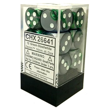 Gemini 16mm d6 Green-Steel/white Dice Block (12 dice) CHX26641 - Dice Sets & Games