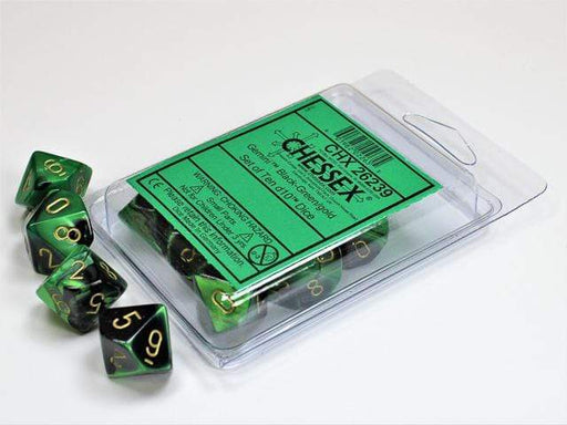 Gemini Black-Green/gold d10 Dice (10 dice) CHX26239 - Dice Sets & Games