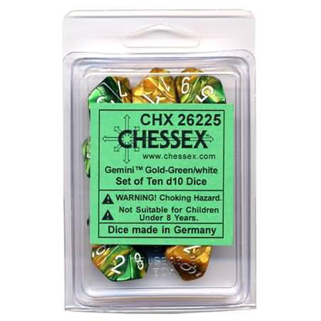 Gemini Gold-Green/white d10 Dice (10 dice) CHX26225 - Dice Sets & Games
