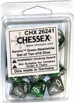 Gemini Green-Steel/white d10 Dice (10 dice) CHX26241 - Dice Sets & Games