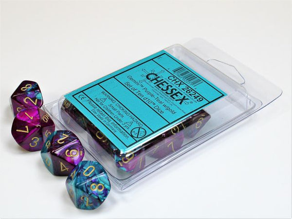 Gemini Purple-Teal w/gold d10 Dice (10 dice) CHX26249 - Dice Sets & Games