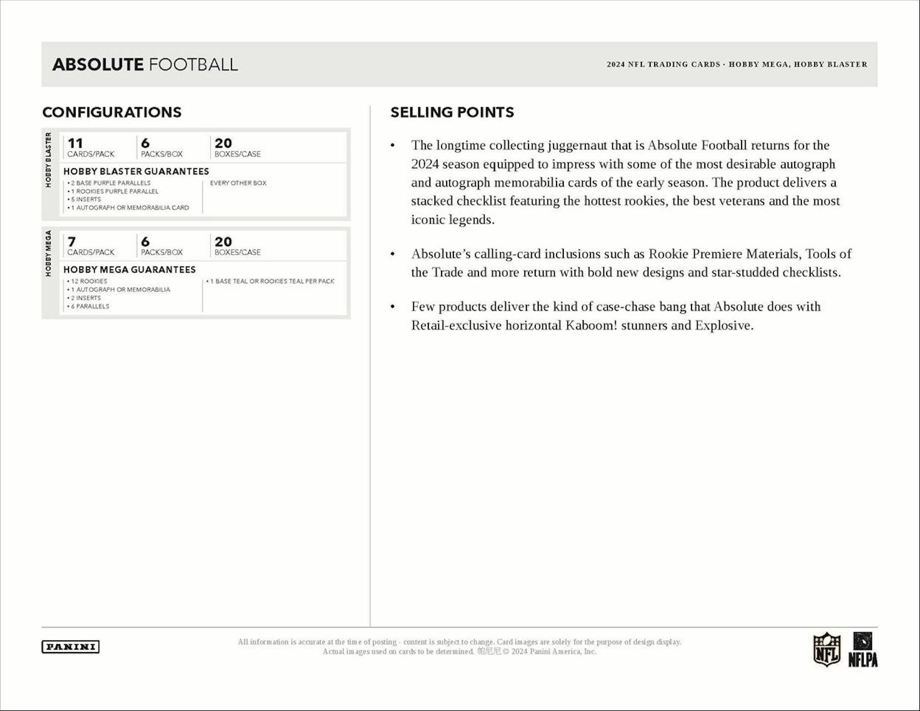 Hobby 2024 Panini Absolute Football Mega Box (1 Auto or Mem and Teal Parallels) 42 Cards