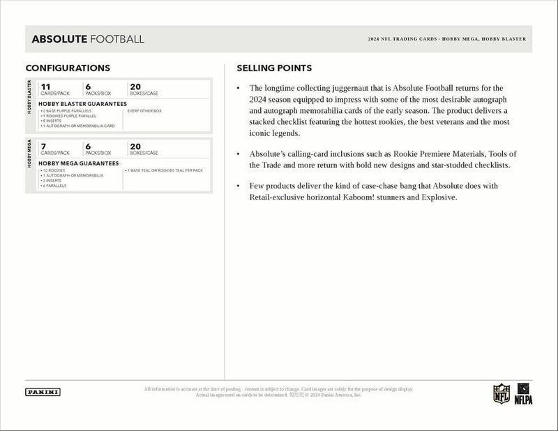 2024 Panini Absolute Football Hobby Mega Box (1 Auto or Mem and Exclusive Teal Parallels) 42 Cards