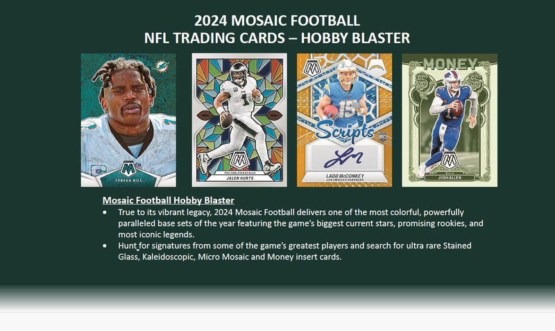 HOBBY 2024 Panini Mosaic NFL Football Blaster Box (1 Exclusive Hobby Red Insert plus Parallels plus Other Prizm Inserts) Blue Box