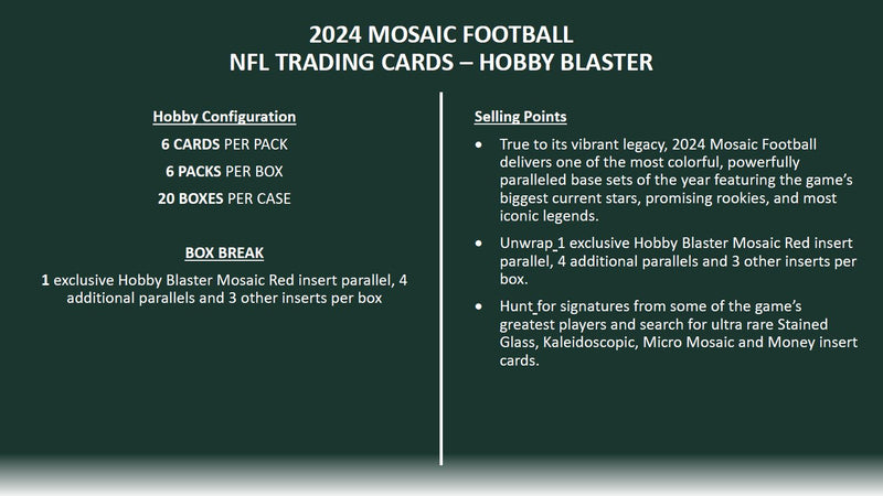 HOBBY 2024 Panini Mosaic NFL Football Blaster Box (1 Exclusive Hobby Red Insert plus Parallels plus Other Prizm Inserts) Blue Box